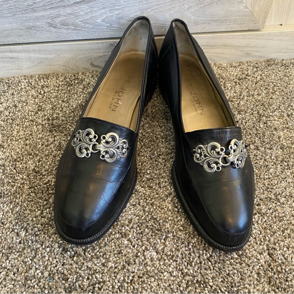 St. John Black Loafers with Silver Accents